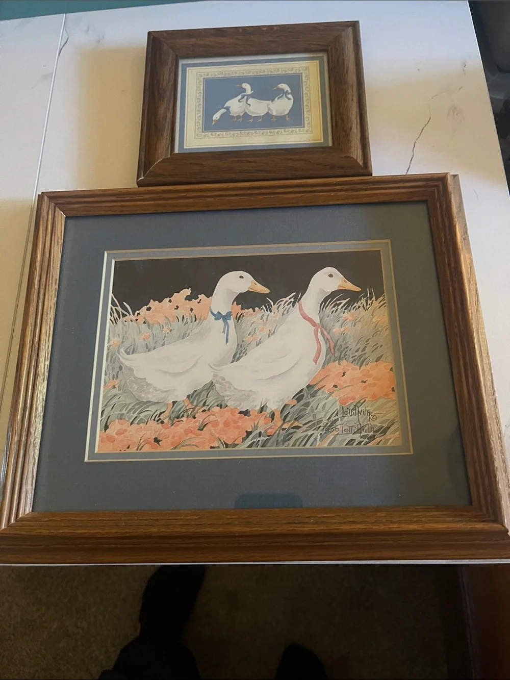Framed Duck Print Set – White Ducks with Peach Flowers